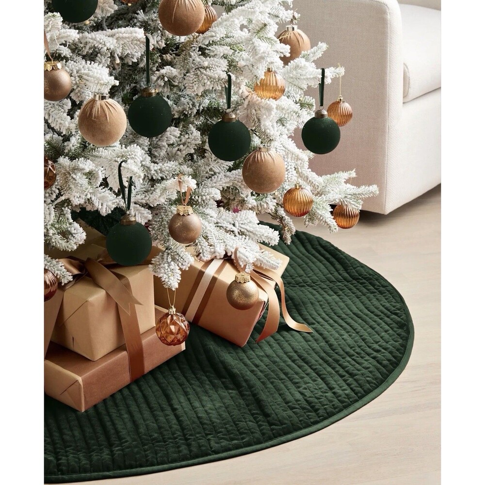 Quince Cotton Velvet Christmas Tree Skirt 60” Spruce Green Holiday Decor NEW $59